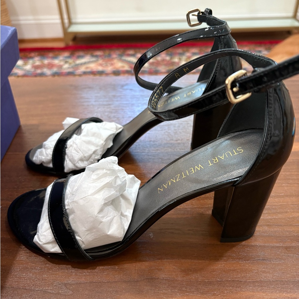 Stuart Weitzman Nearly Nude Glossy Black Block Heels